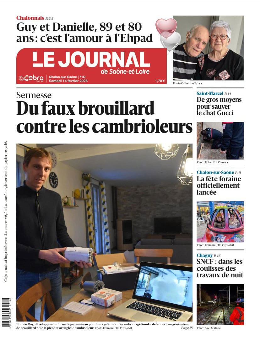 Smoke-Defender en une du Journal de Saône-et-Loire - 14 février 2026