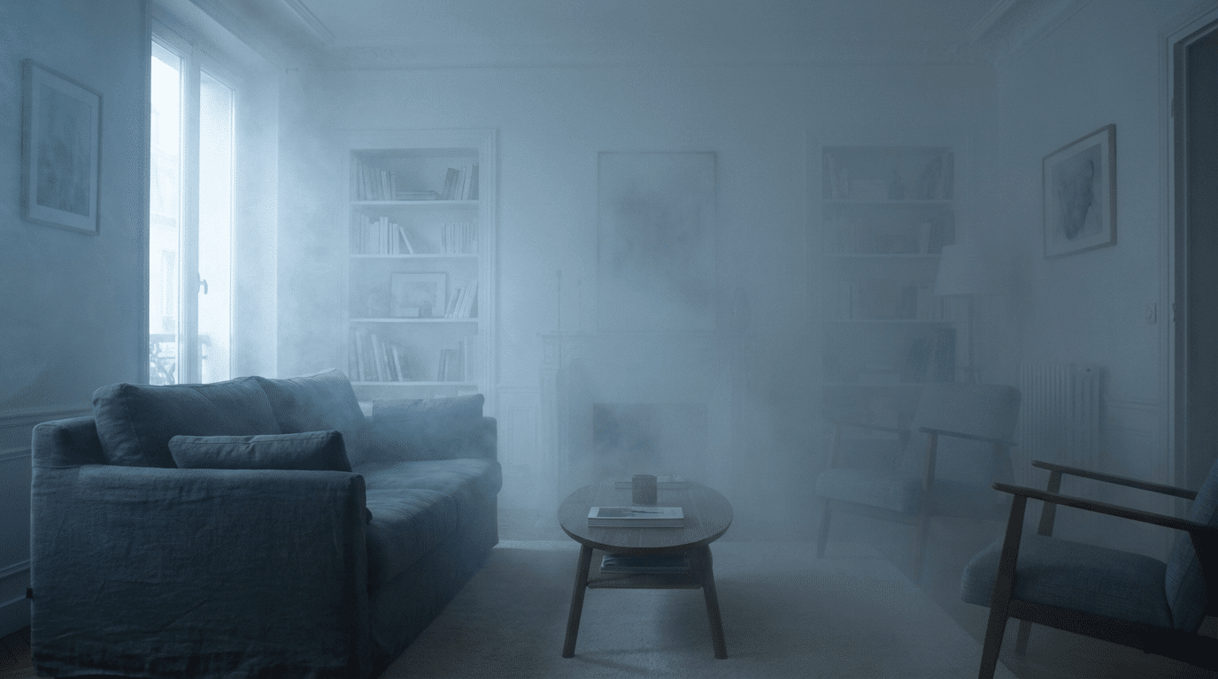 Alarme brouillard maison Smoke-Defender en action dans un salon