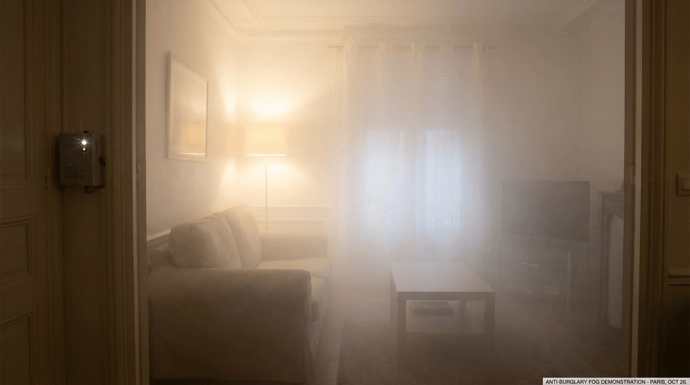 Générateur de brouillard anti-cambriolage Smoke-Defender en action dans une maison