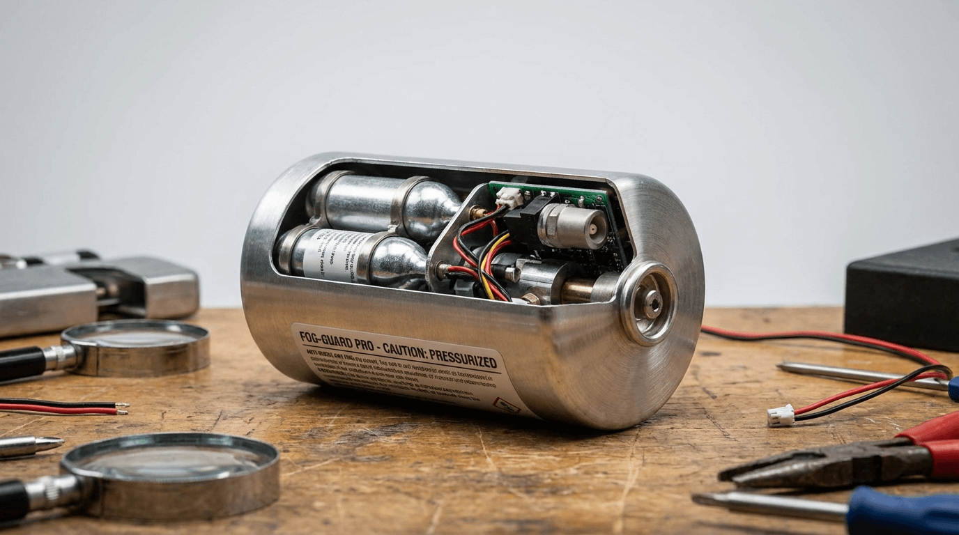 Cartouche de brouillard anti-cambriolage ouverte montrant le mécanisme interne