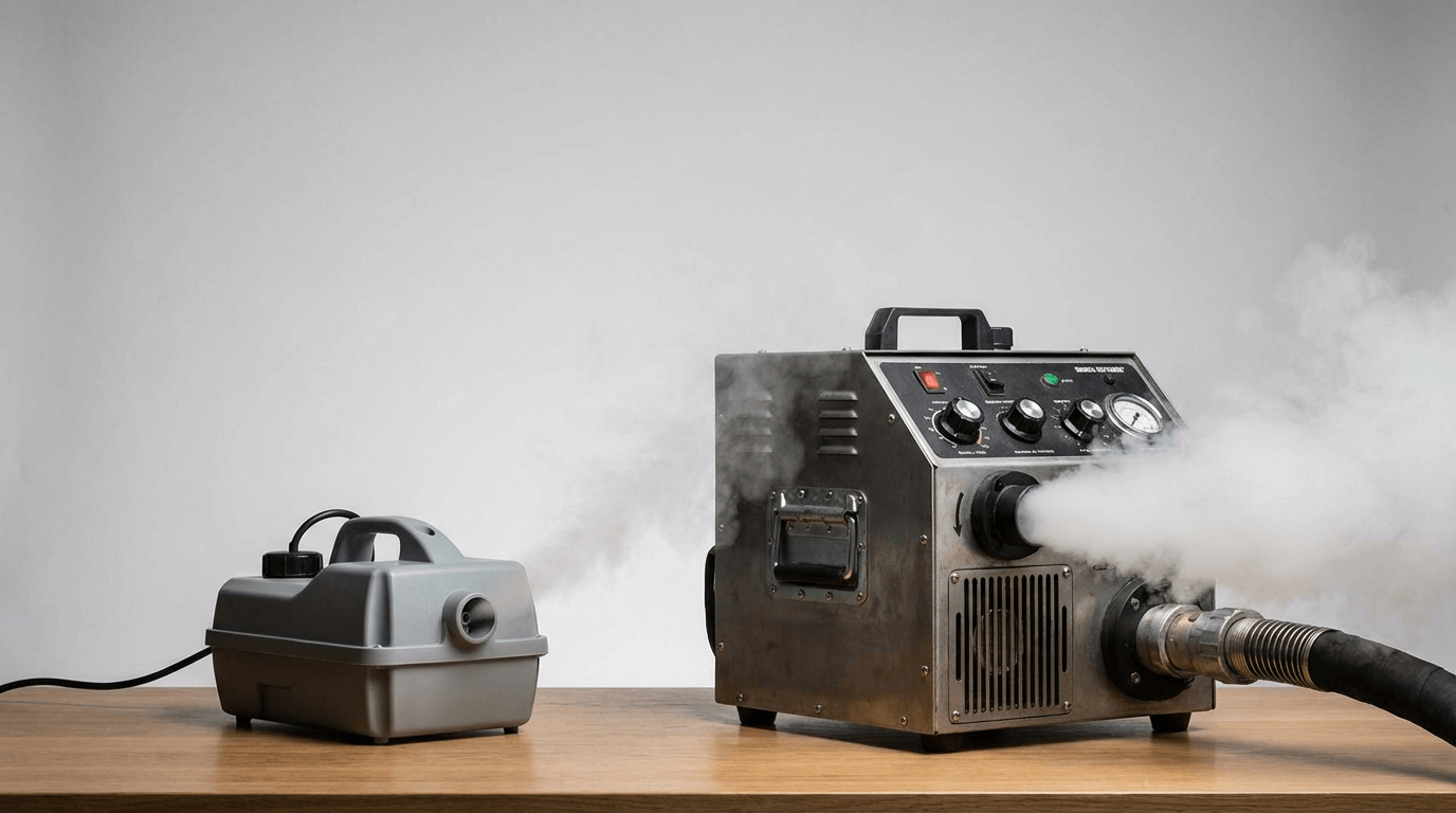 Deux modèles de générateurs de brouillard côte à côte, comparaison poudre sous pression et avec chauffe