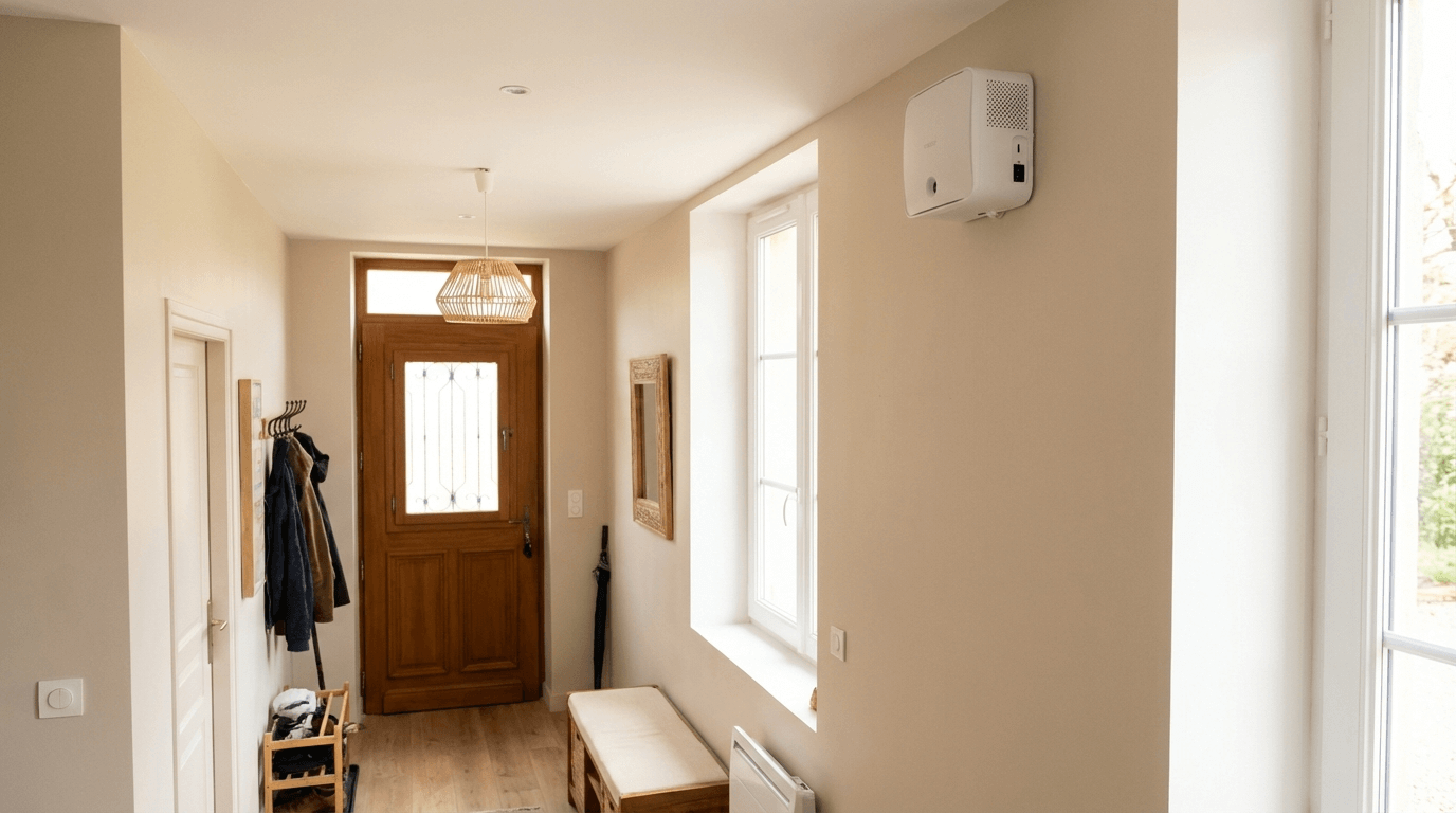 Installation d'un générateur de brouillard en hauteur dans une maison, fixé au mur près du plafond