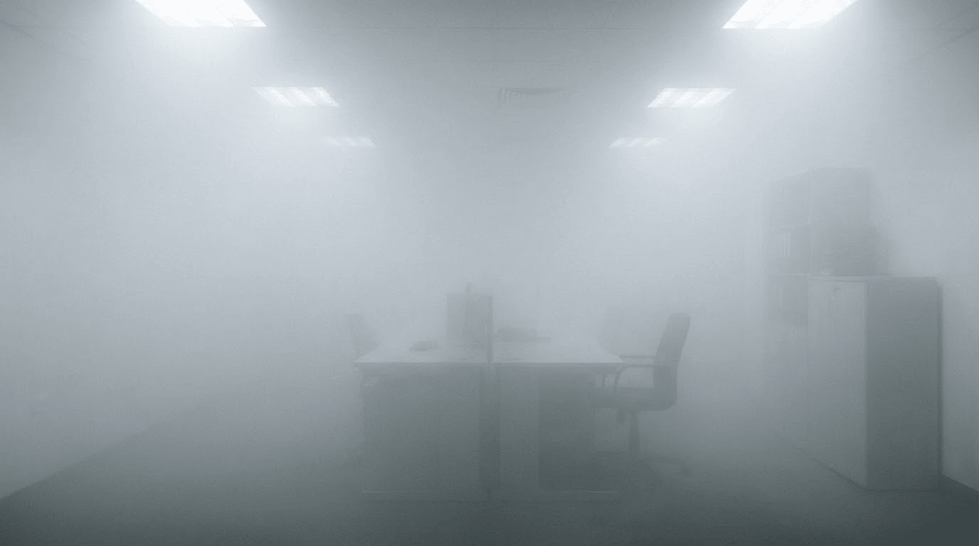 Bureau envahi par brouillard de sécurité dense