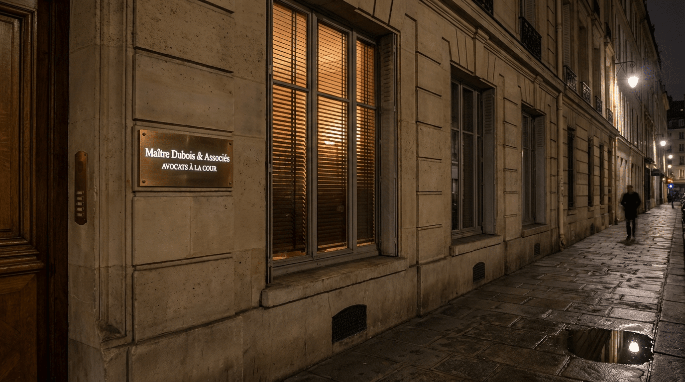 Cabinet d'avocat la nuit avec plaque Maître