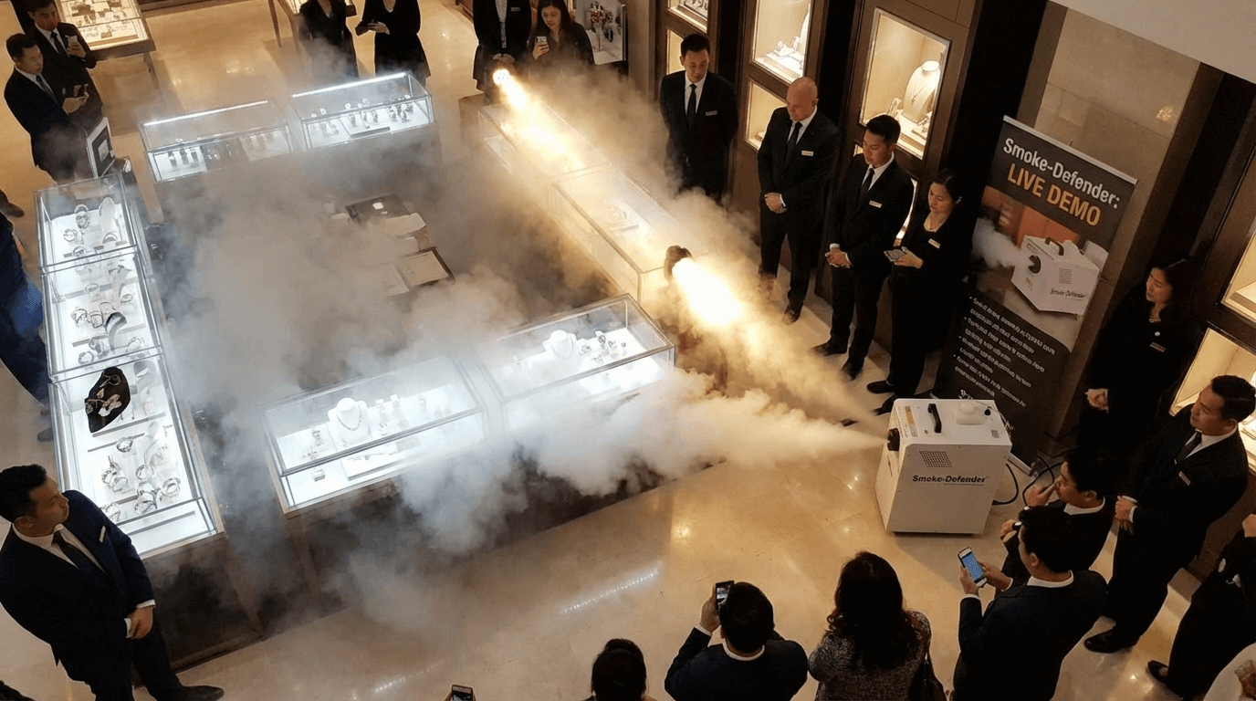 Générateur de brouillard en action dans une bijouterie