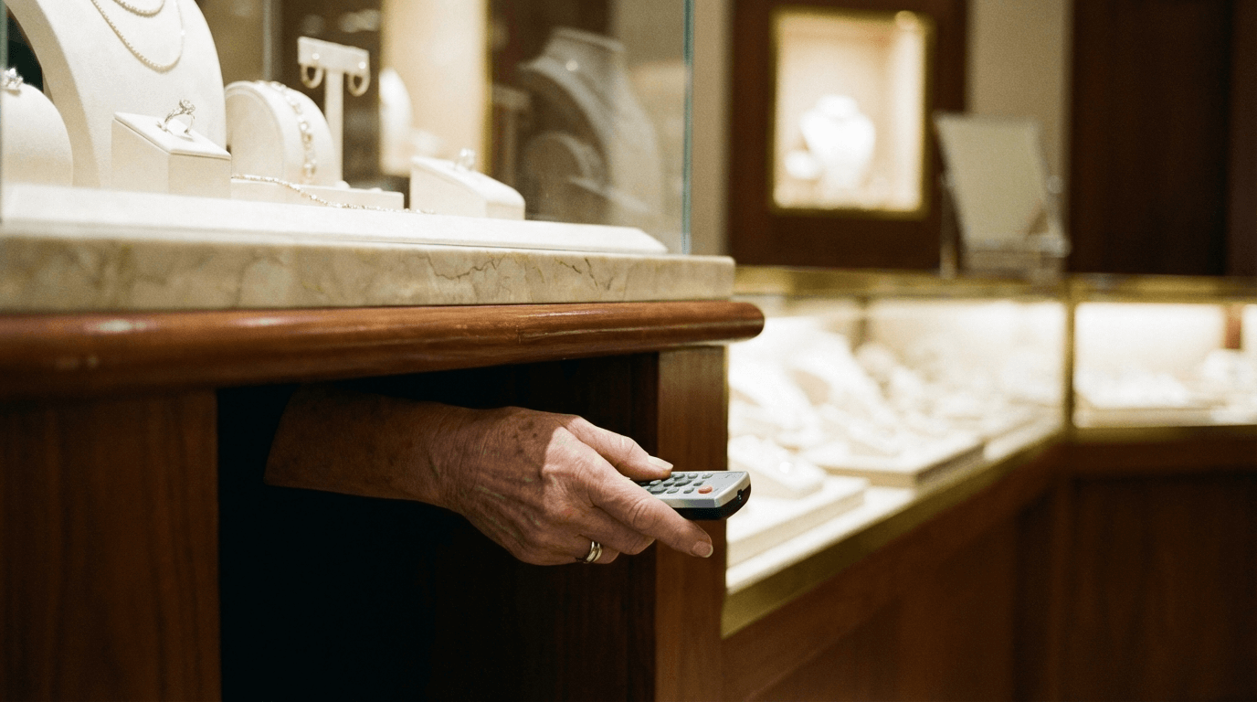 Télécommande discrète sous le comptoir de bijouterie