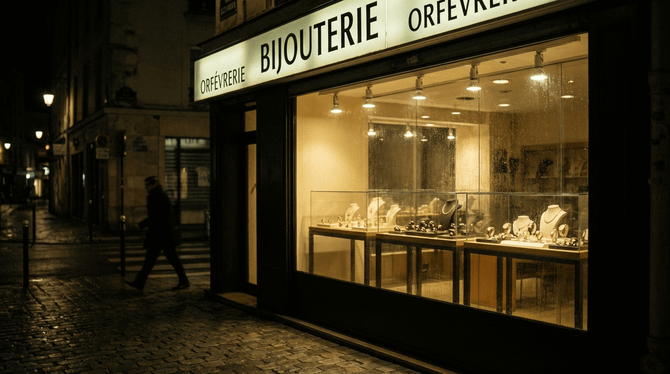Vitrine de bijouterie éclairée la nuit avec bijoux exposés