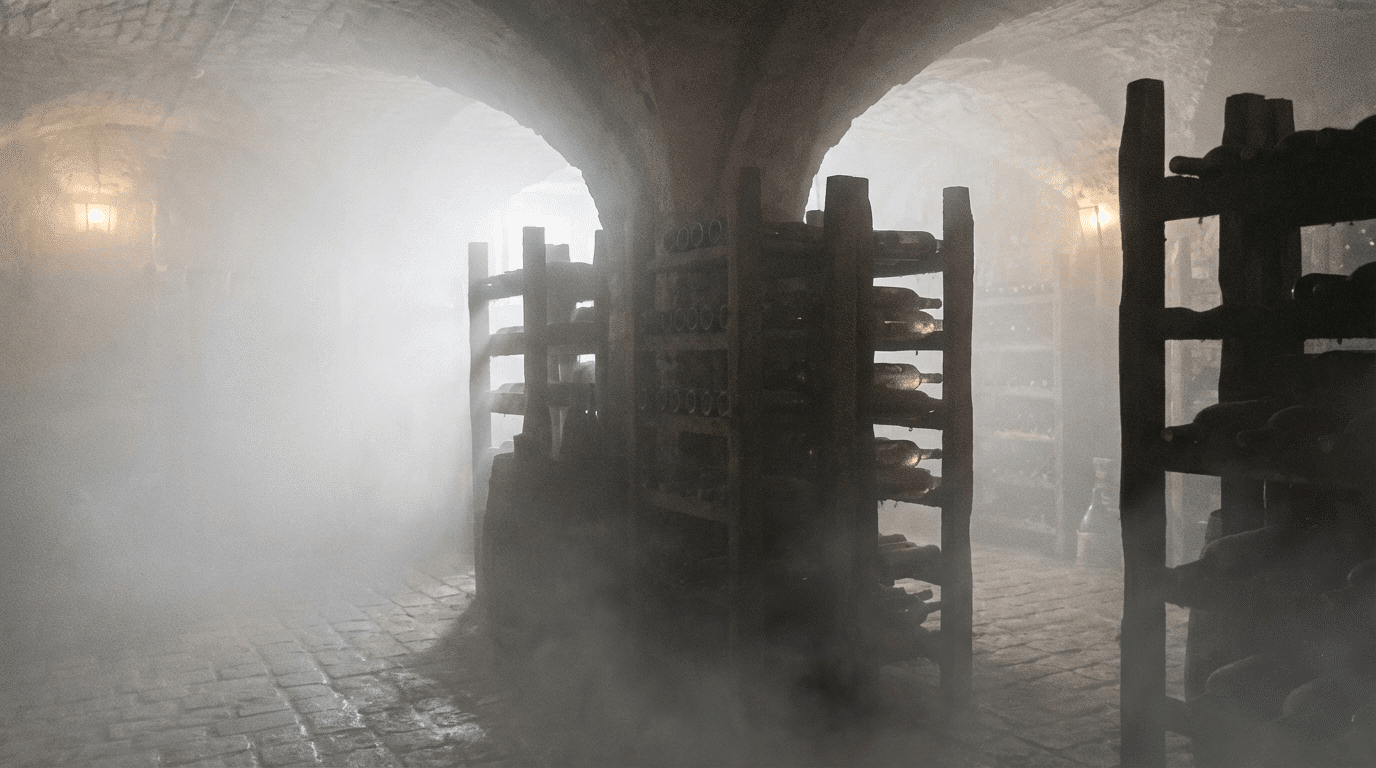 Brouillard de sécurité remplissant une cave à vin