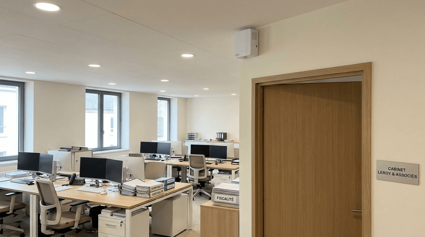 Installation discrète du Smoke-Defender dans un cabinet comptable moderne