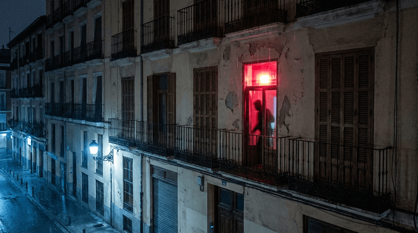 Vecinos ignorando una alarma que suena de noche en un barrio español