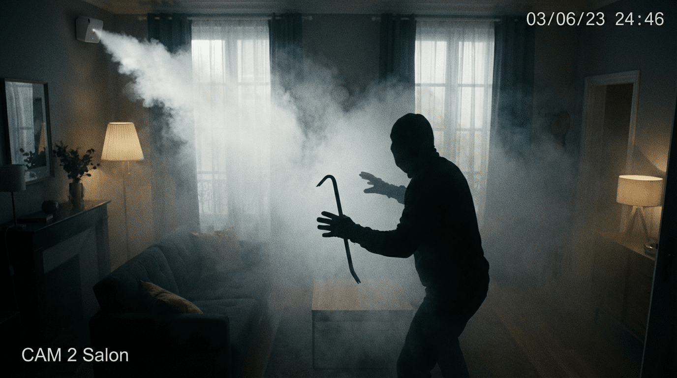 Brouillard de sécurité envahissant un salon pour stopper un cambrioleur