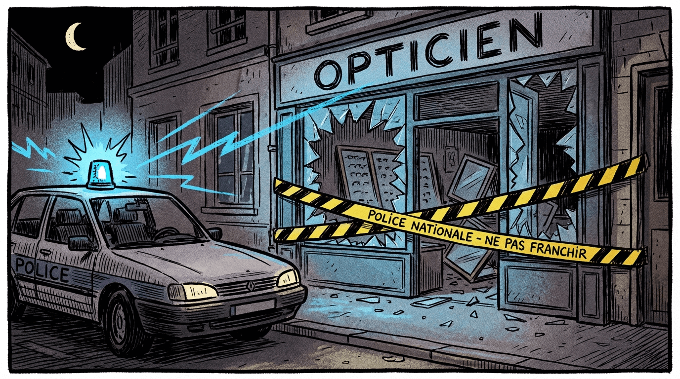 Magasin d'optique après cambriolage avec gyrophare police - scène de nuit dramatique