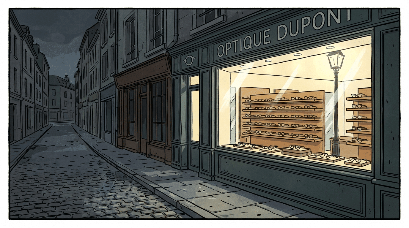 Vitrine d'un magasin d'optique éclairée la nuit - cible de cambriolage