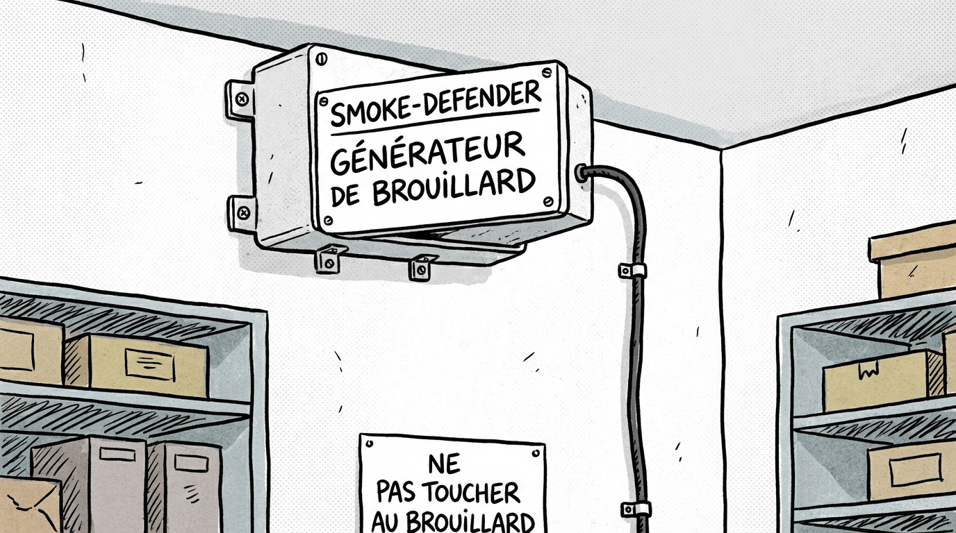 Générateur de brouillard Smoke-Defender installé en hauteur sur un mur de commerce