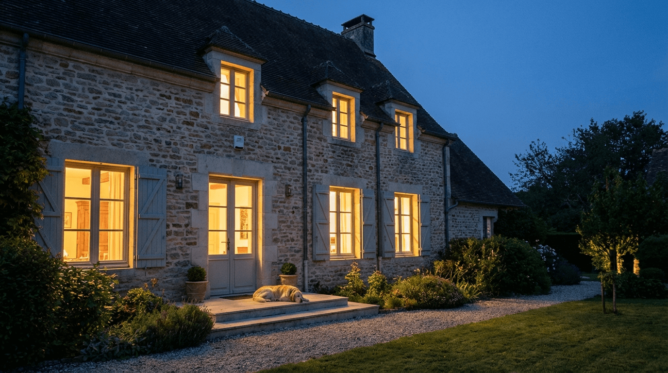 Maison française nuit éclairée sécurité