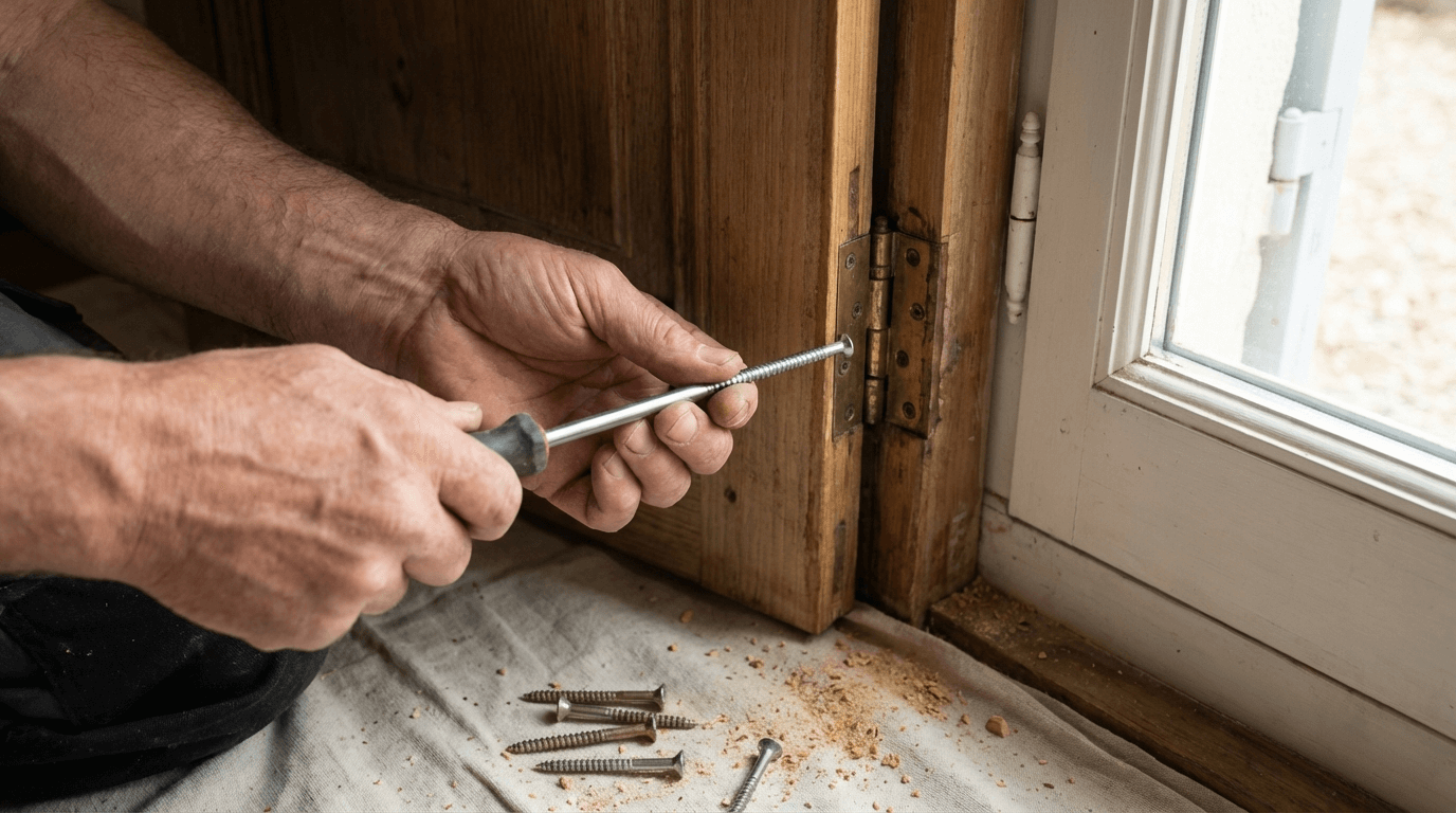Remplacement des vis de charnière par des vis longues de 7 cm pour renforcer une porte