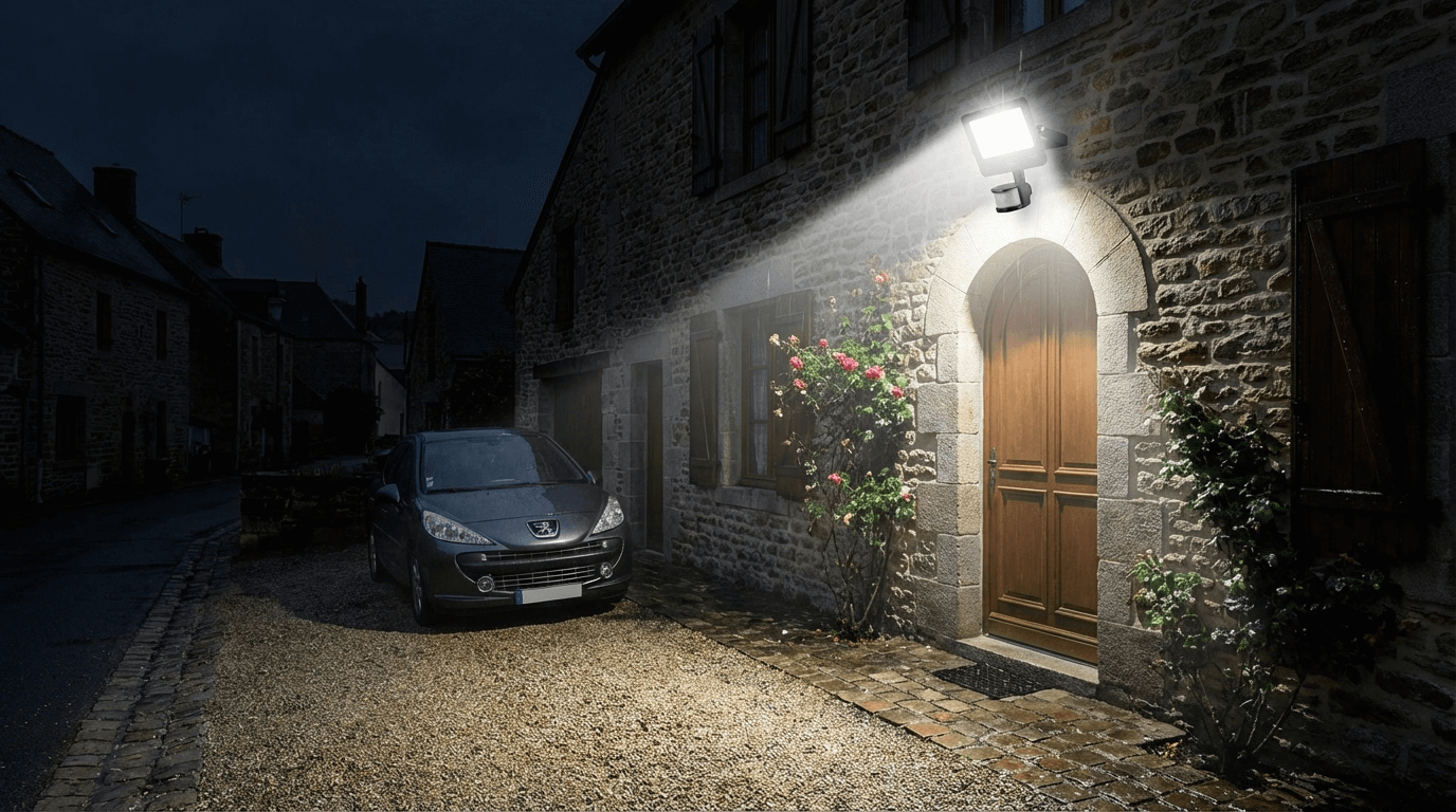 Projecteur à détection de mouvement éclairant l'entrée d'une maison la nuit