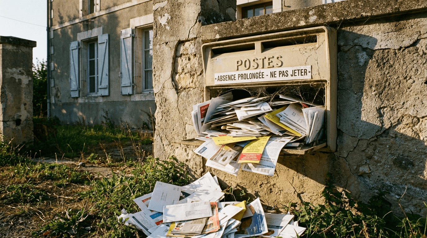 Boîte aux lettres qui déborde de courrier signalant une absence prolongée