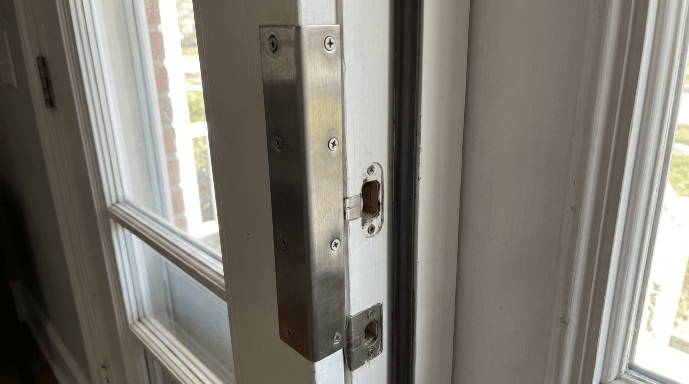 Kit de renforcement de gâche métallique installé sur un cadre de porte
