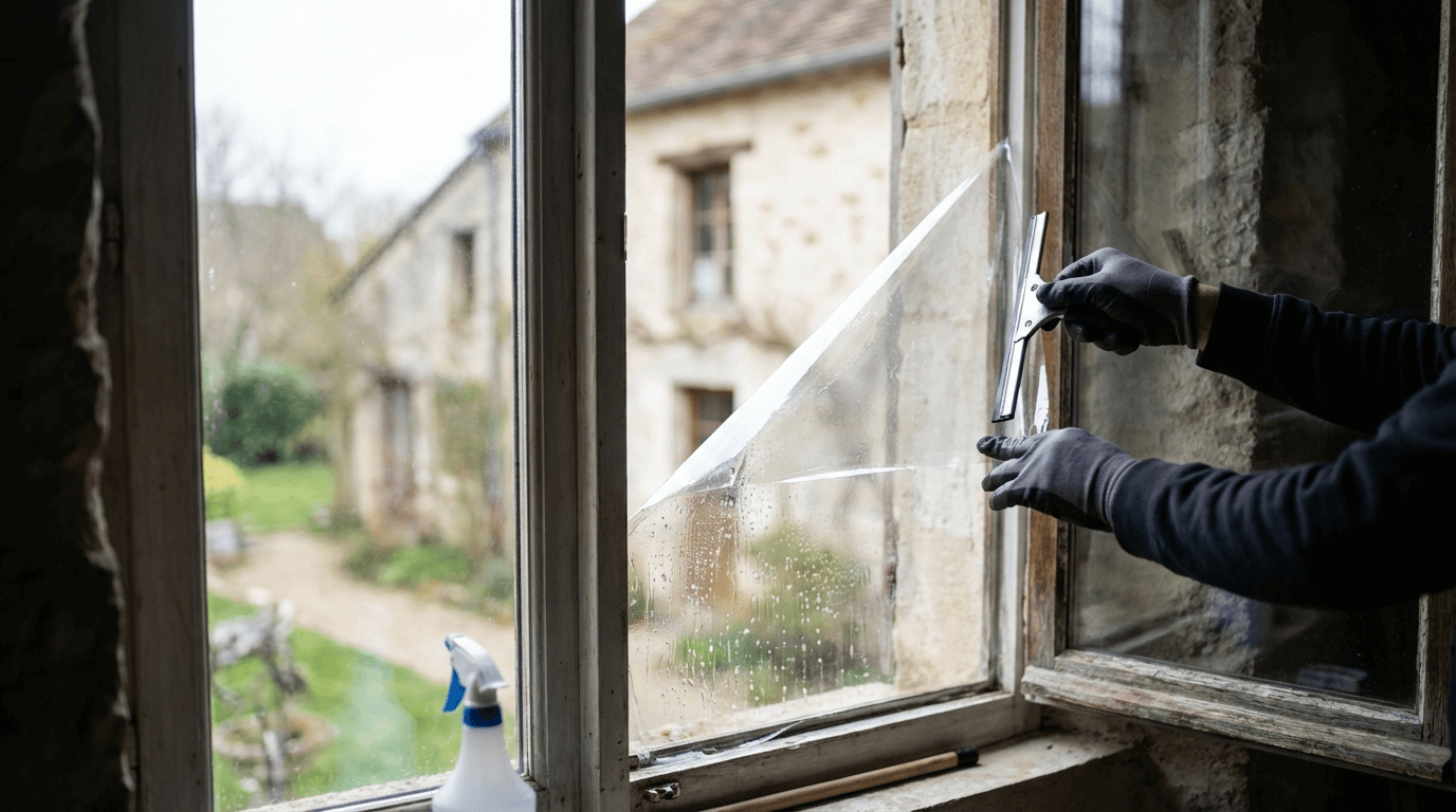 Application d'un film de sécurité anti-effraction sur une vitre de fenêtre