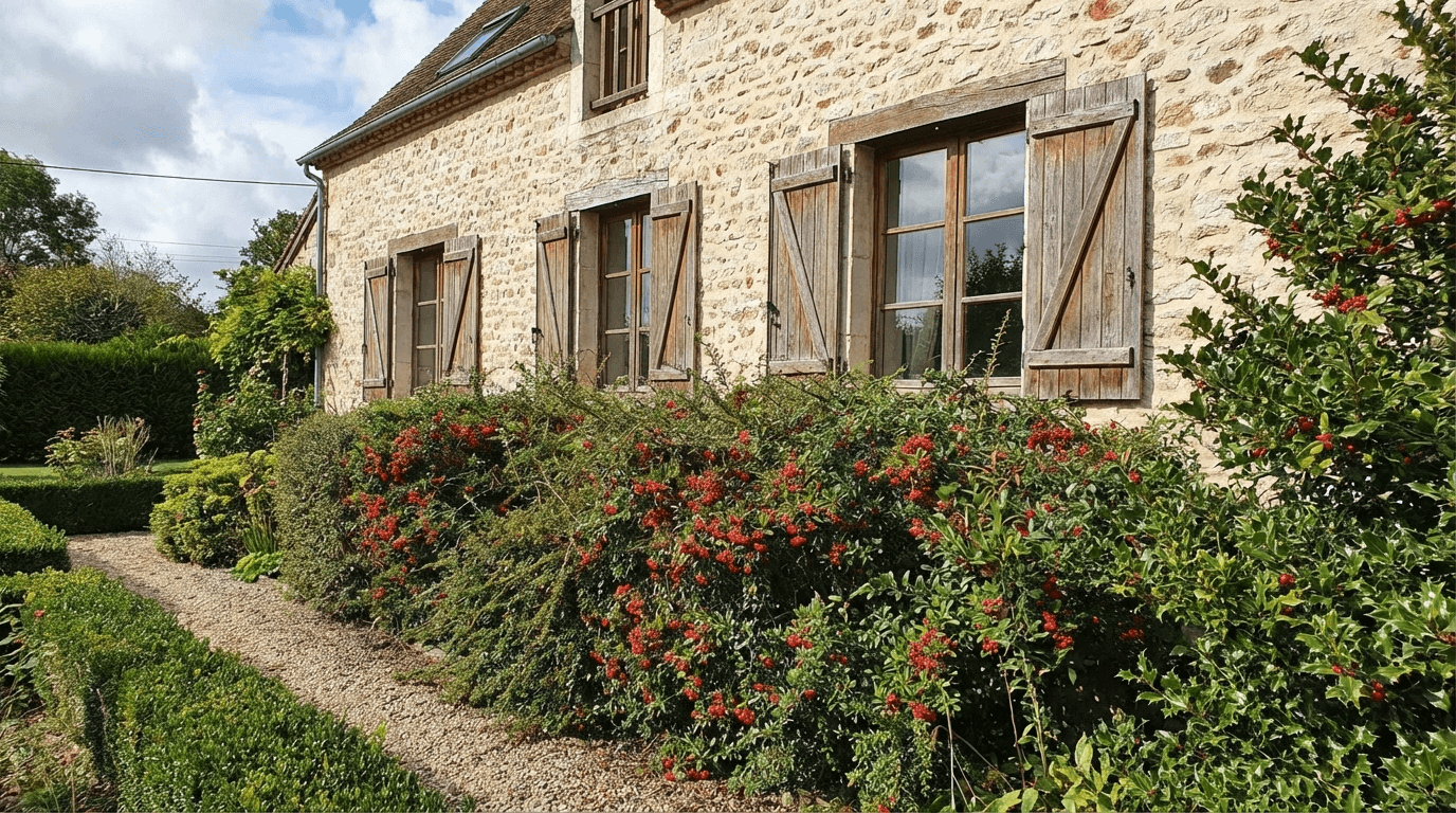 Plantes défensives épineuses pyracantha et houx sous les fenêtres d'une maison