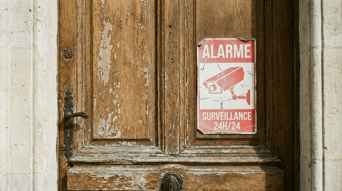 Autocollant dissuasif alarme et vidéosurveillance sur porte d'entrée