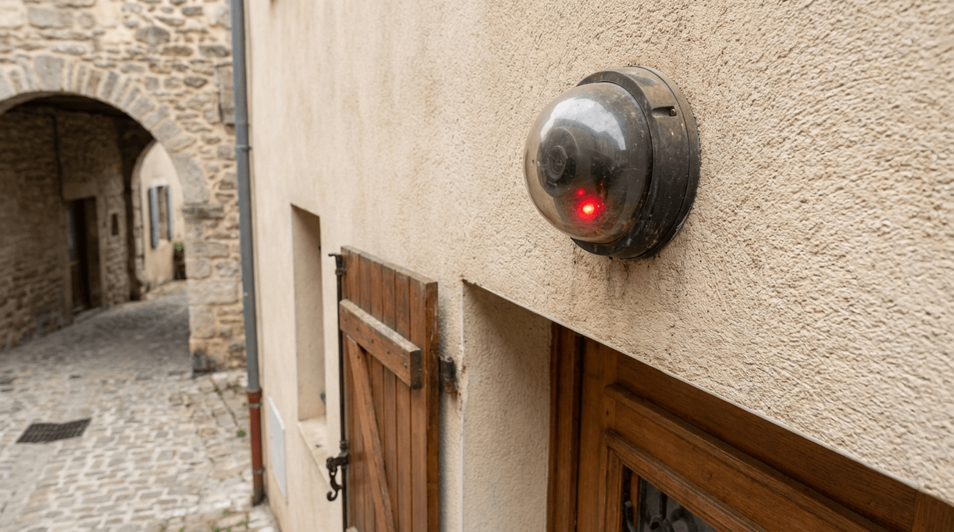 Caméra de surveillance factice avec LED rouge installée au-dessus de la porte