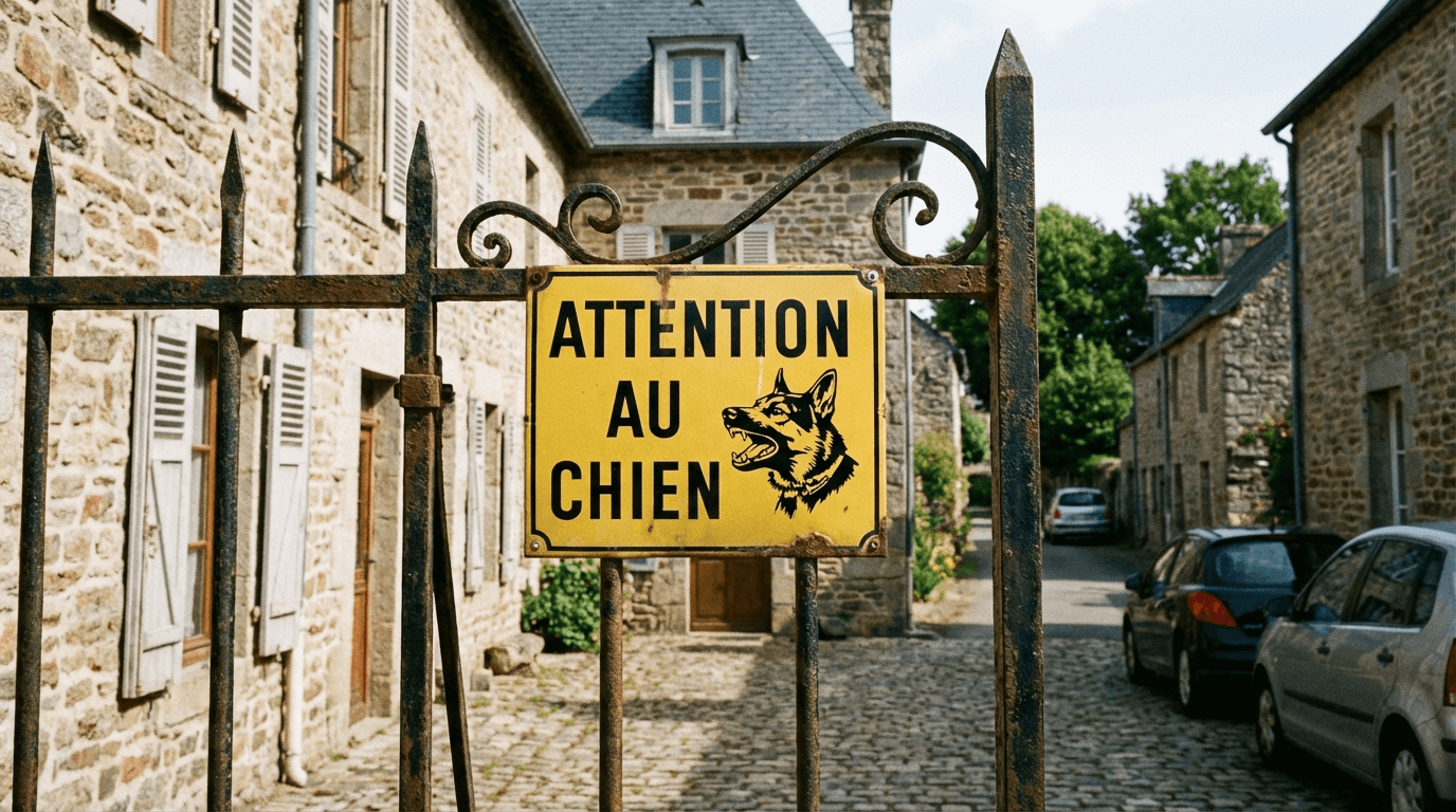 Panneau Attention au Chien sur le portail d'une maison française