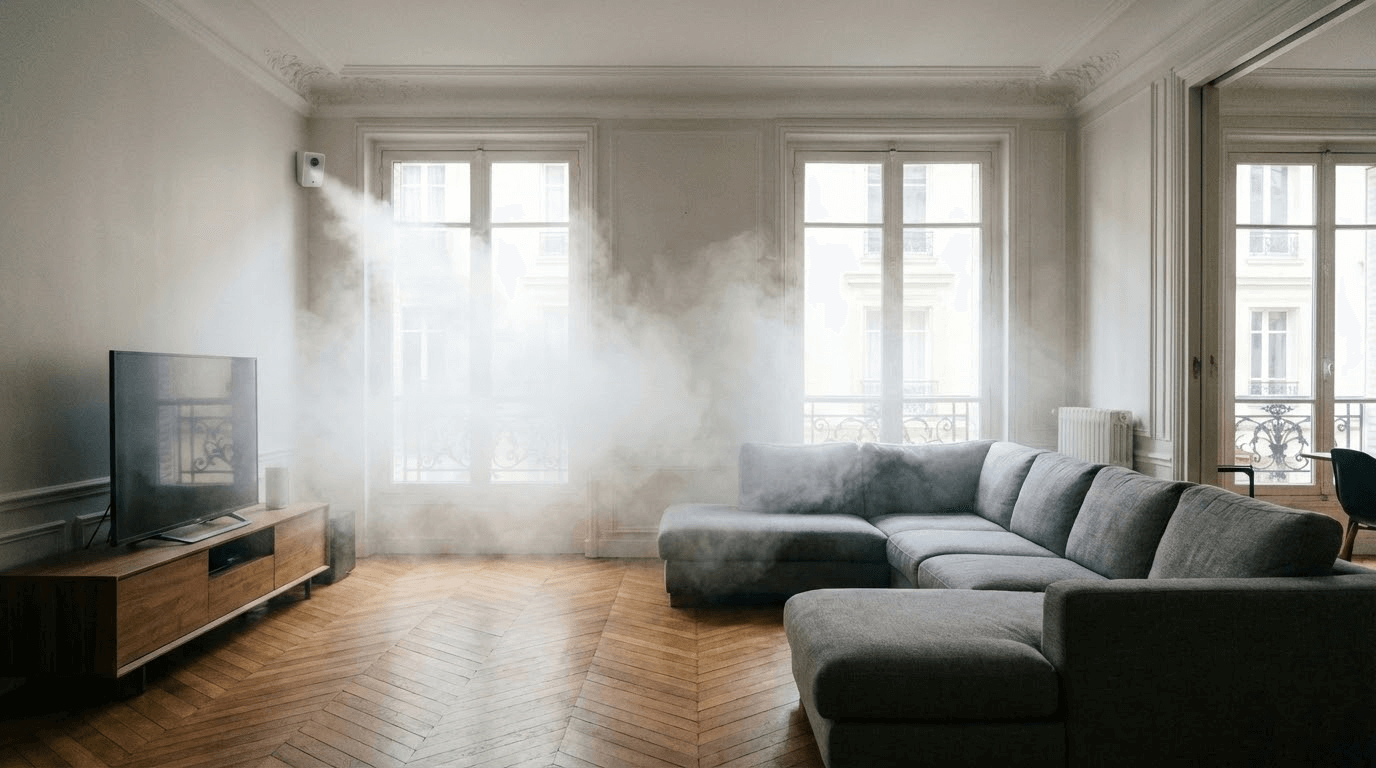 Générateur de brouillard anti-cambriolage sans abonnement Smoke-Defender en action dans un salon