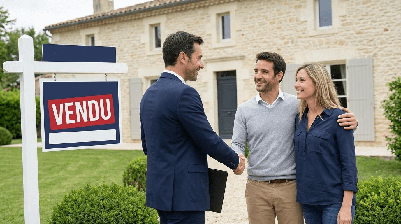 Agent immobilier serrant la main de clients devant maison vendue