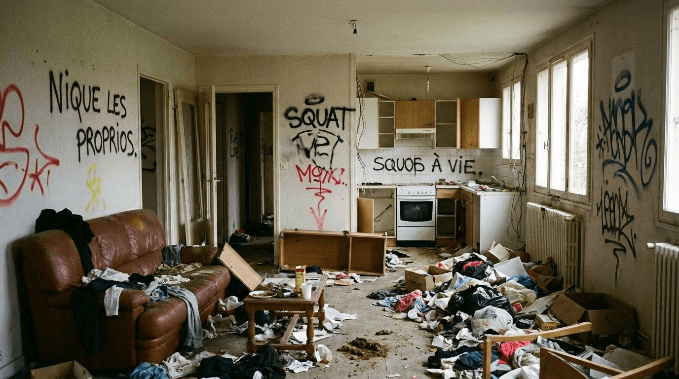 Intérieur de maison dévastée par squatteurs avec dégâts importants