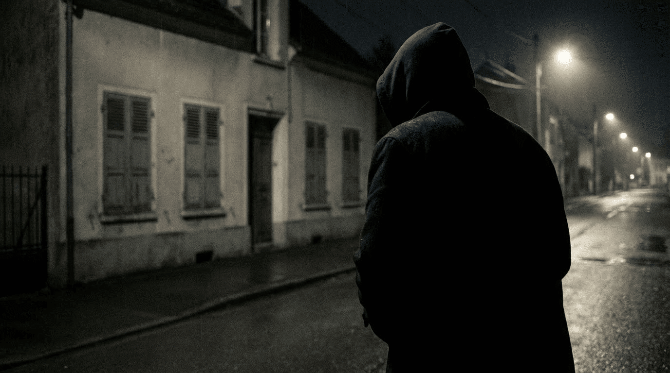 Silhouette suspecte observant une maison vide la nuit