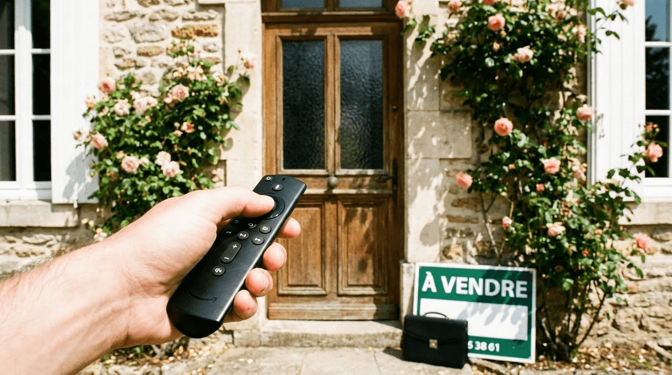 Main tenant télécommande devant porte d'entrée pour visite immobilière