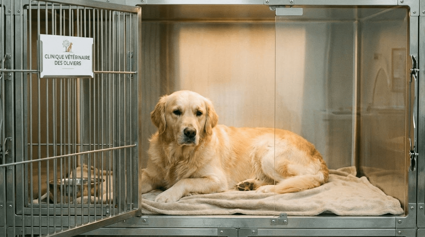 Chat calme dans cage d'hospitalisation vétérinaire