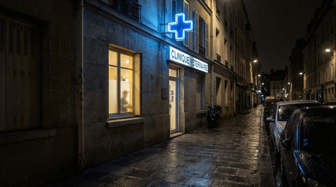 Clinique vétérinaire la nuit avec une fenêtre éclairée