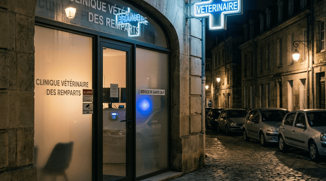 Entrée clinique vétérinaire sécurisée de nuit