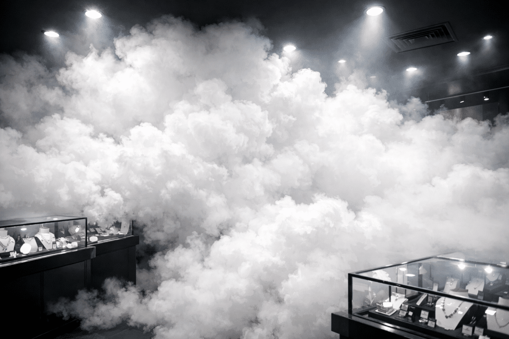 Générateur de brouillard sécurisant une bijouterie