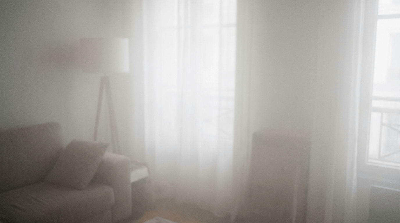 Brouillard de sécurité dense remplissant une pièce, visibilité réduite à zéro