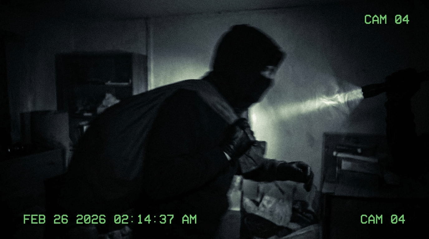 Silhouette de cambrioleur agissant rapidement dans une pièce sombre