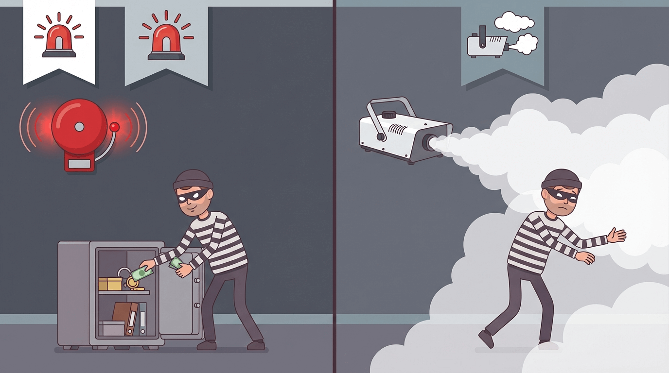 Comparatif visuel entre une alarme classique et un générateur de brouillard anti-cambriolage