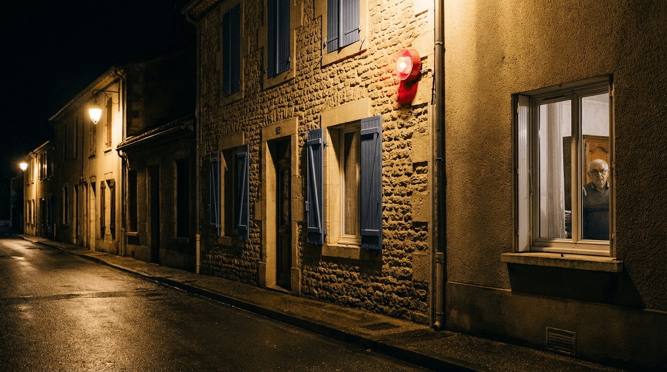 Sirène d'alarme sur une façade de maison, personne ne réagit dans la rue