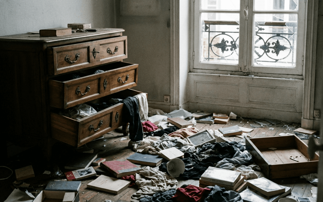Salon cambriolé avec tiroirs ouverts et désordre après effraction