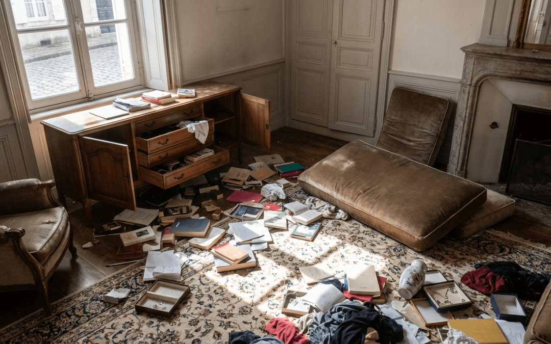 Salon après un cambriolage avec tiroirs ouverts et objets éparpillés