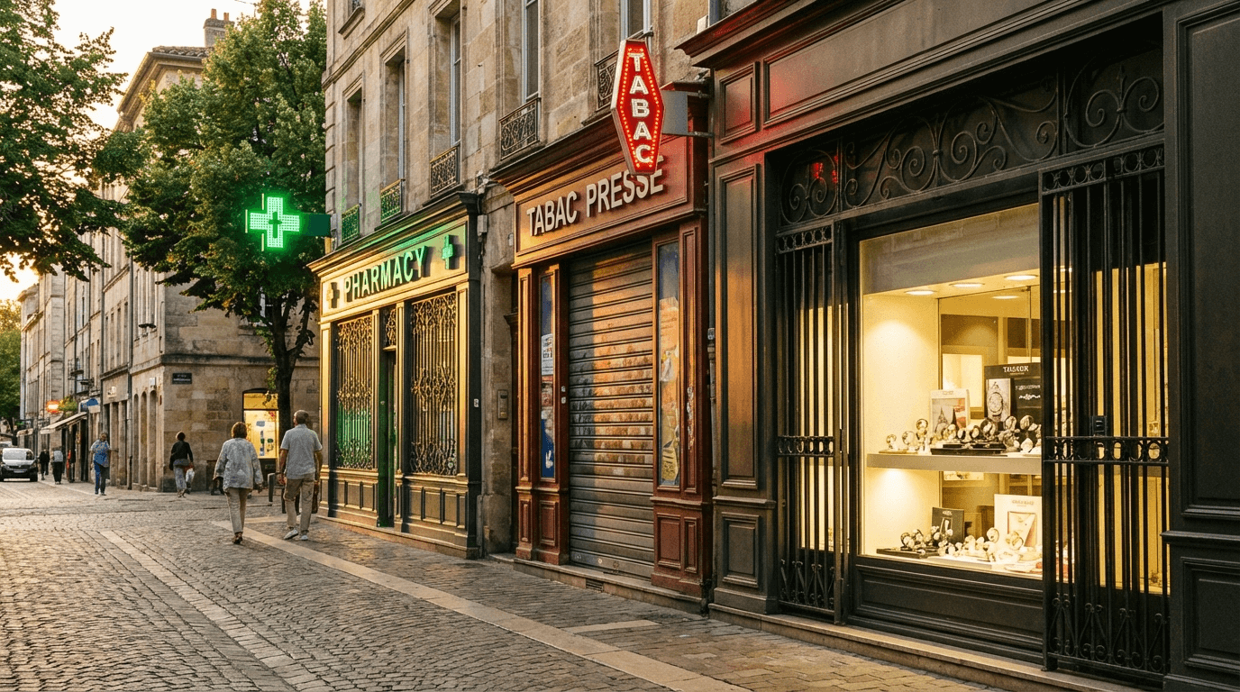 Commerces français protégés par Smoke-Defender : pharmacie, bureau de tabac, bijouterie
