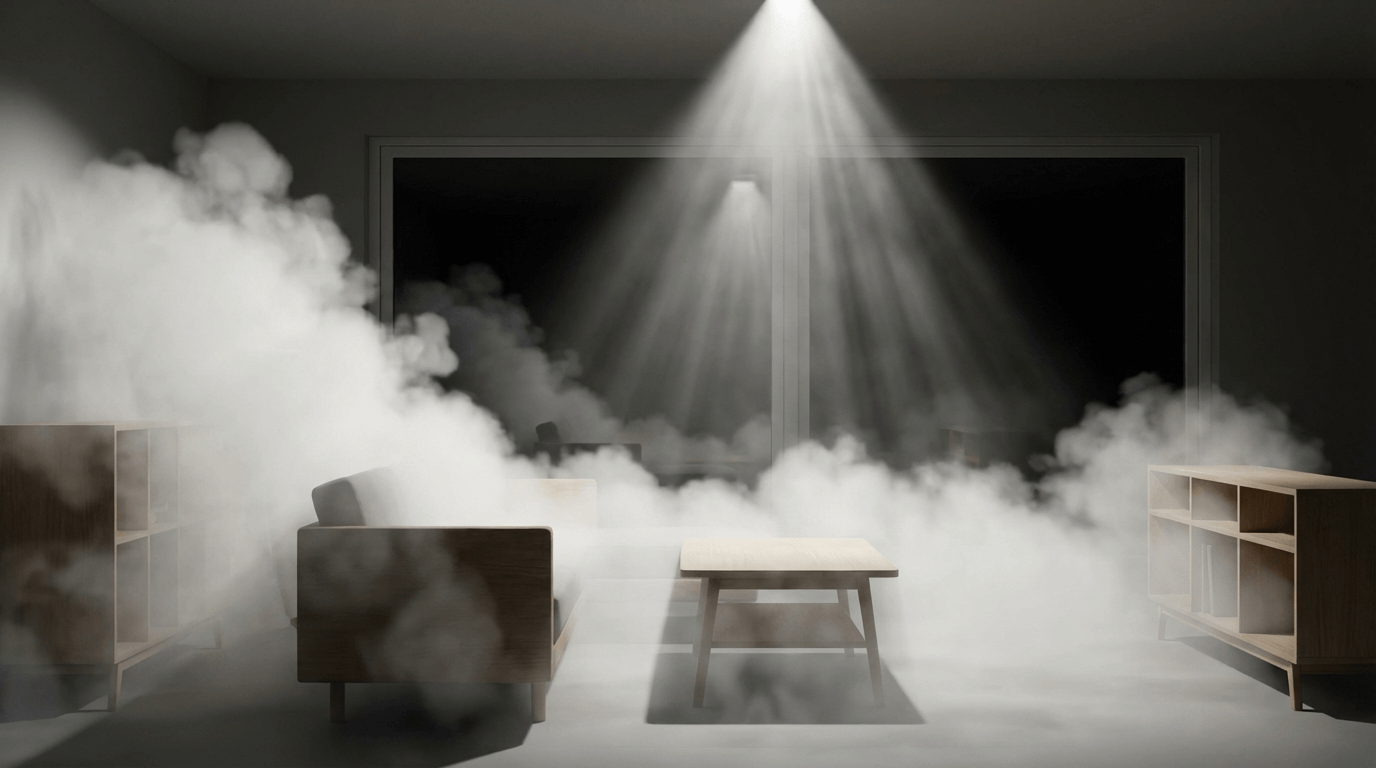 Dimgenerator i aktion som fyller rum med tät vit dimma på sekunder
