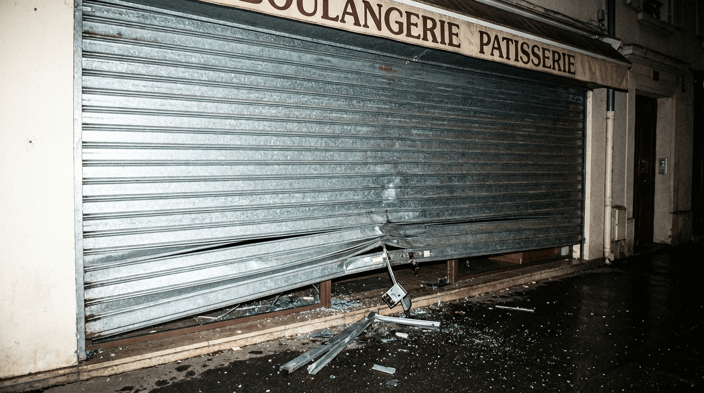 Rideau métallique de bureau de tabac forcé après une tentative de cambriolage