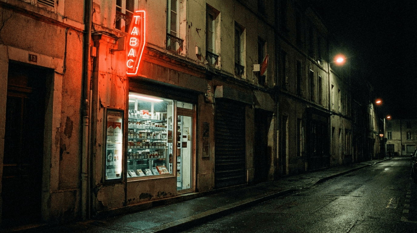 Bureau de tabac français éclairé la nuit, vitrine avec présentoir de cigarettes