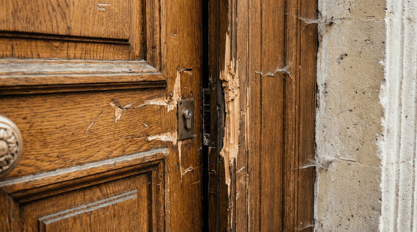 Uppbruten dörr med inbrottsspår och skadad karm