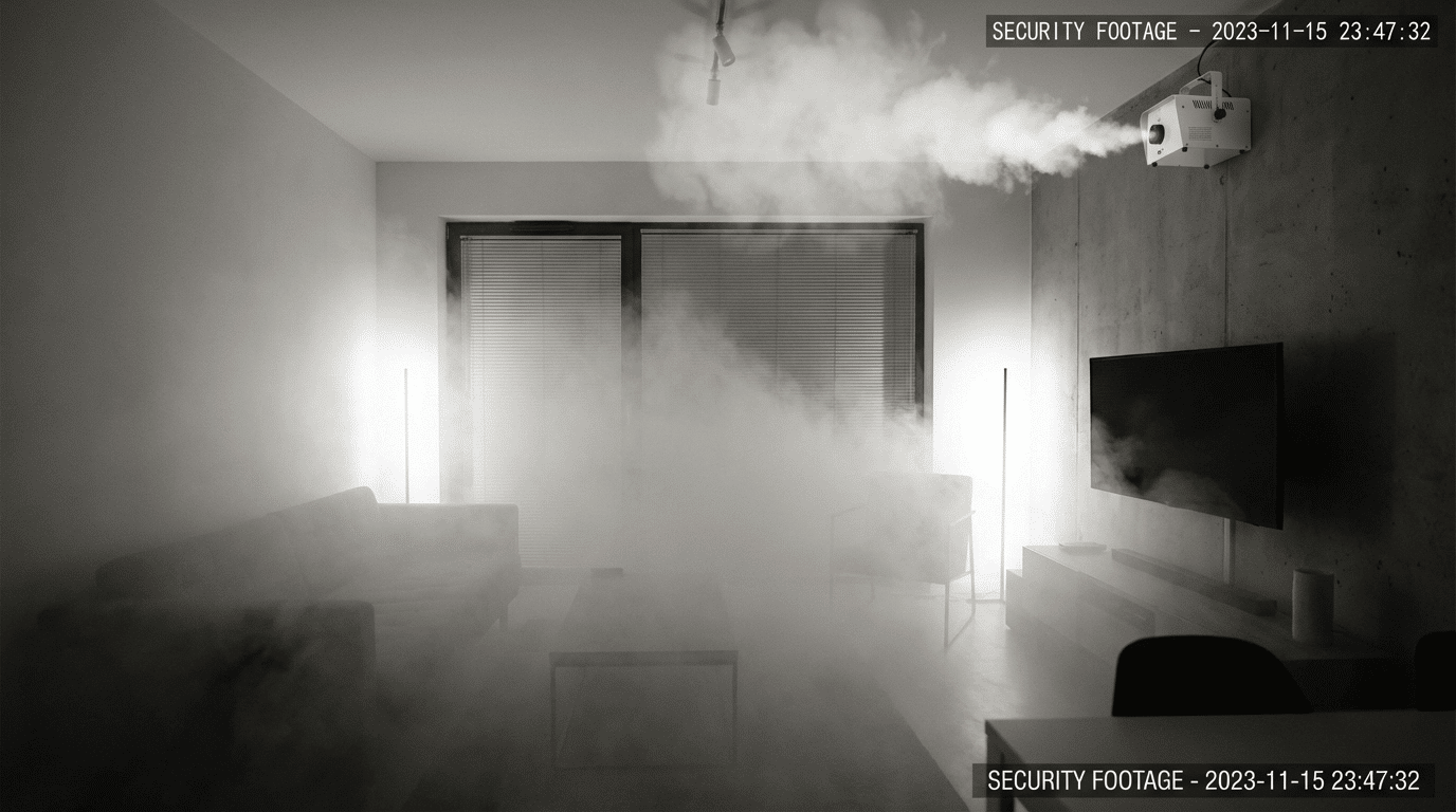 Dimgenerator i aktion – rum fyllt med tät vit dimma som blockerar sikten för inbrottstjuvar