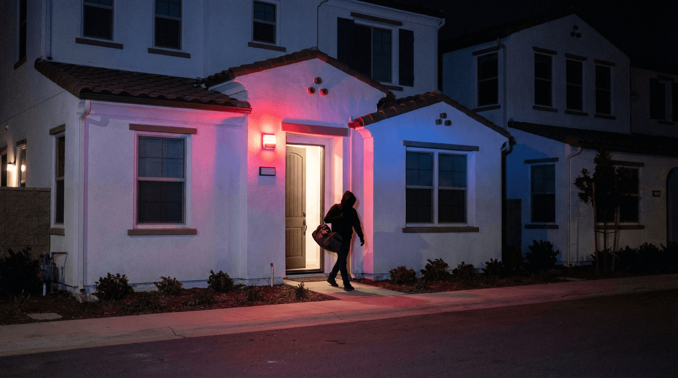Alarma sonando en casa vacía mientras un ladrón roba tranquilamente